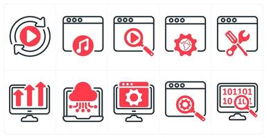 A set of 10 seo icons as convert, online music, search in red color vector