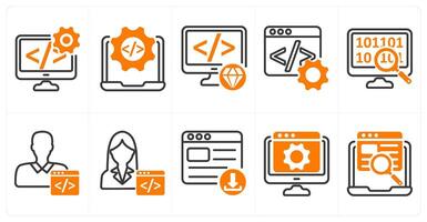 A set of 10 seo icons as software development, website development, clean code in orange color vector