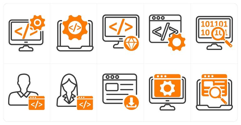 A set of 10 seo icons as software development, website development, clean code in orange color