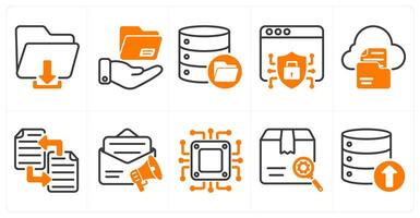 A set of 10 seo icons as download file, file sharing, data storage in orange color vector