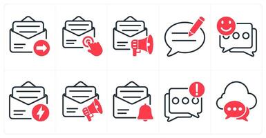 A set of 10 seo icons as email send, email subscription, email marketing in red color vector
