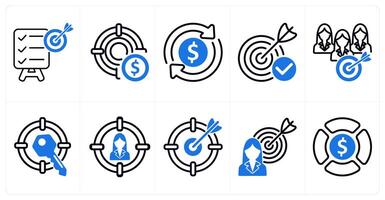 A set of 10 business icons as objective, profit target, tax refund in blue color vector