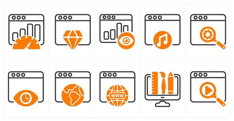 A set of 10 seo icons as seo performance, website reputation, page view in orange color