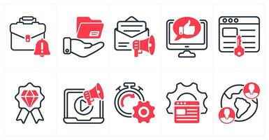 A set of 10 seo icons as business alert, file sharing, email marketing in red color vector