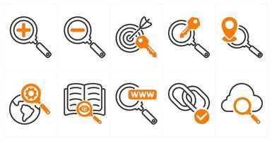A set of 10 seo icons as zoom in, zoom out, target keywords in orange color vector