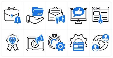 A set of 10 seo icons as business alert, file sharing, email marketing in blue color vector