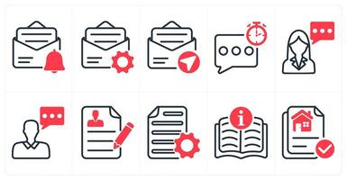 A set of 10 business icons as mail notification, message setting, sending mail in red color vector