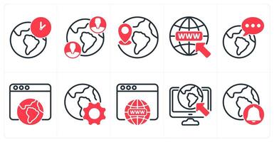A set of 10 seo icons as global time zone, global communication, global location in red color vector