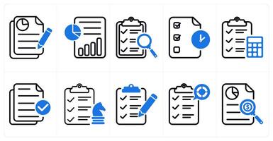 A set of 10 business and seo icons as business report, report, report search in blue color vector