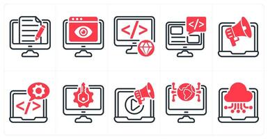 A set of 10 seo icons as content writing, online viewer, clean code in red color vector