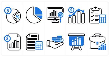A set of 10 business icons as tax rate, pie chart, analysis in blue color vector