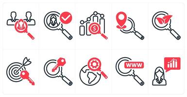 A set of 10 business and seo icons as recruitment, find candidate, marketing research in red color vector