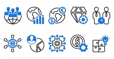A set of 10 business icons as global business, global report, global currency in blue color vector