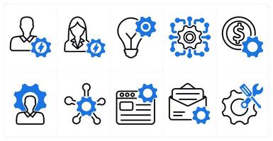 A set of 10 business and seo icons as efficient person, efficient person, idea development in blue color vector