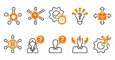 A set of 10 business icons as service network, time network, uncertanity in orange color vector