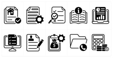 A set of 10 business icons as property document, document settings, search report in black color vector