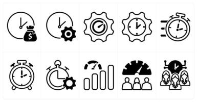 A set of 10 business icons as time is money, time management, performance in black color vector