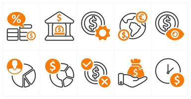 A set of 10 business icons as loan interest rate, bank deposit, money setting in orange color vector
