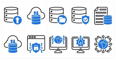 A set of 10 seo icons as backup, storage, data storage, database protection in blue color vector