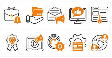 A set of 10 seo icons as business alert, file sharing, email marketing in orange color vector