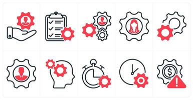A set of 10 business icons as human resource managament, service list, business support in red color vector