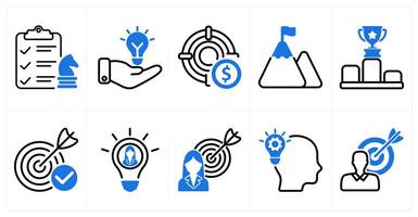 A set of 10 business icons as business startegy, solution, profit target in blue color vector