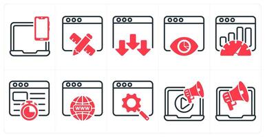 A set of 10 business and seo icons as responsive design, web design, landing page in red color vector