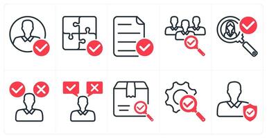 A set of 10 business icons as account approved, solution plan, verified file in red color vector