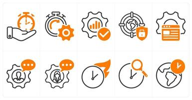 A set of 10 seo icons as time management, seo performance, optimization in orange color vector