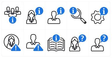 A set of 10 business icons as team information, business instruction, search info in blue color vector