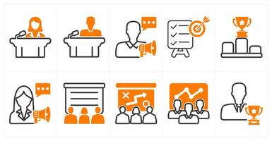 A set of 10 business icons as conference, announcement speech, objective in orange color vector