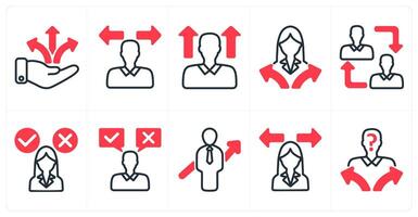 A set of 10 business icons as business direction, confusion, career vision, employee change in red color vector