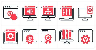 A set of 10 seo icons as touch, website audio, web hierarchy in red color vector