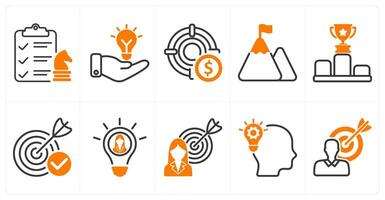 A set of 10 business icons as business startegy, solution, profit target icon in orange color vector