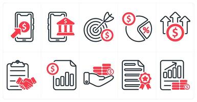 A set of 10 business and seo icons as pay per click, online banking, business target in red color vector
