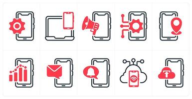 A set of 10 business and seo icons as mobile option, responsive design, mobile advertising, mobile technology in red color vector