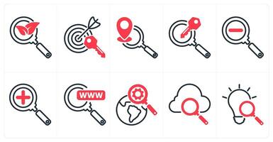 A set of 10 seo icons as organic search, target keywords, local seo in red color vector