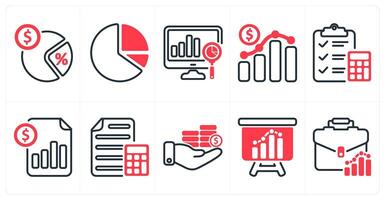 A set of 10 business icons as tax rate, pie chart, analysis in red color vector