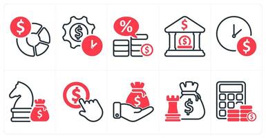 A set of 10 business and seo icons as busget planning, investment time plan, loan interest rate in red color vector
