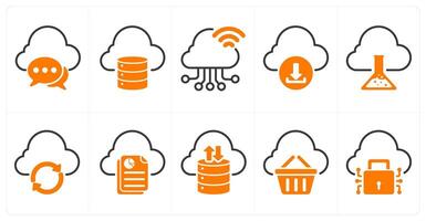 A set of 10 seo icons as cloud communication, storage, cloud connection in orange color vector