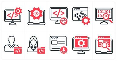 A set of 10 seo icons as software development, website development, clean code in red color vector