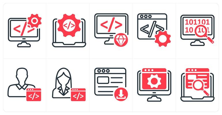 A set of 10 seo icons as software development, website development, clean code in red color