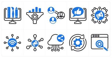 A set of 10 seo icons as creative design, seo conversion rate, online comment in blue color vector