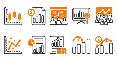 A set of 10 business icons as stock market, cost management, presenting tactics in orange color vector