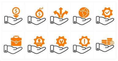 A set of 10 business icons as investment growth, debt, business direction in orange color vector