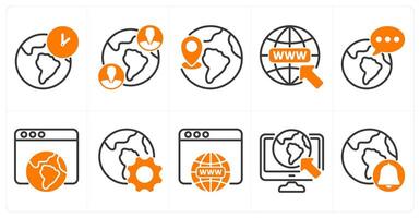 A set of 10 seo icons as global time zone, global communication, global location in orange color vector