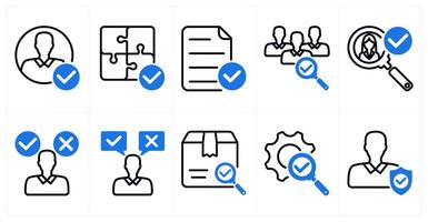 A set of 10 business icons as account approved, solution plan, verified file in blue color vector