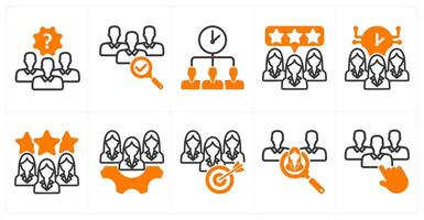 A set of 10 business icons as problem solving team, recruitment, time sharing in orange color vector