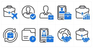 A set of 10 business icons as business travel, account approval, business portfolio in blue color vector