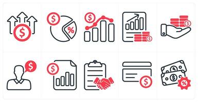 A set of 10 business and seo icons as high cost, tax rate, business growth, profit report in red color vector